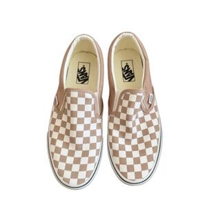 Vans Unisex Checkerboard Slip-On Shoes - Tan and White